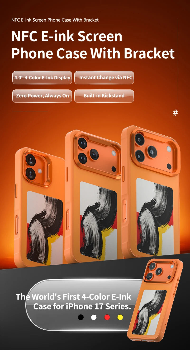 New E ink 4.0 inch Screen Digital Case for iPhone 17 16 15 14 13pro max NFC Photo Custom Funda Mobile Back Cover With Bracket