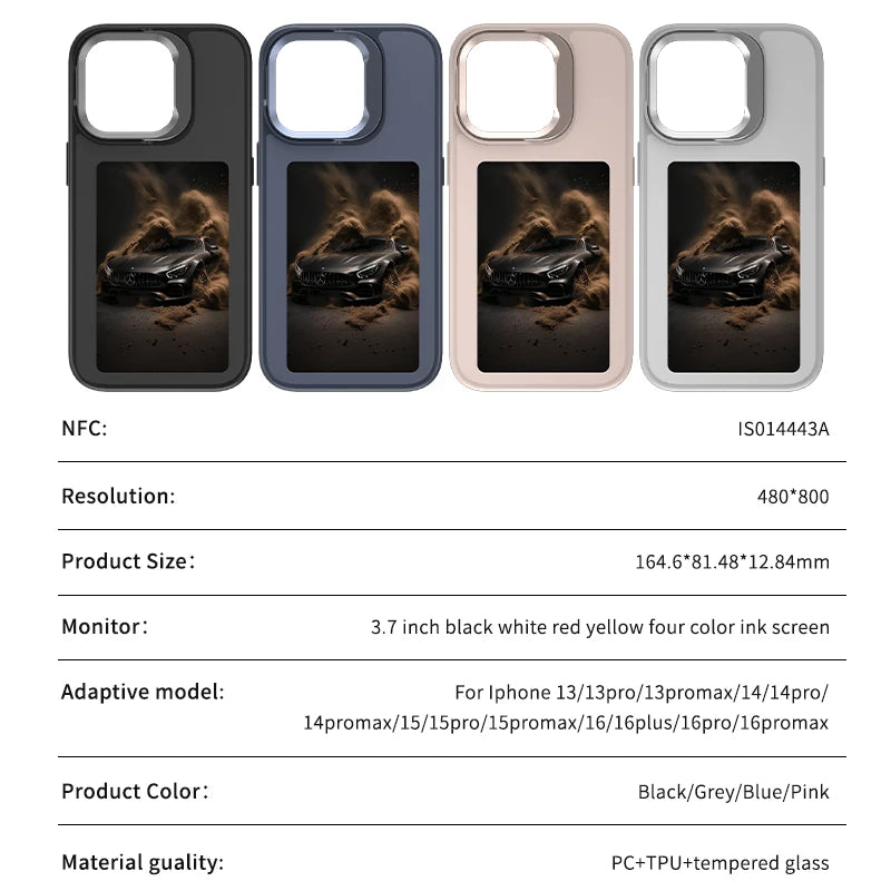 New E ink 4.0 inch Screen Digital Case for iPhone 17 16 15 14 13pro max NFC Photo Custom Funda Mobile Back Cover With Bracket
