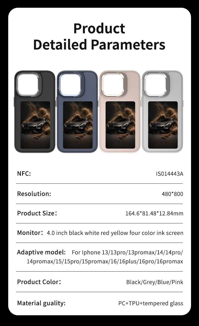 New E ink 4.0 inch Screen Digital Case for iPhone 17 16 15 14 13pro max NFC Photo Custom Funda Mobile Back Cover With Bracket